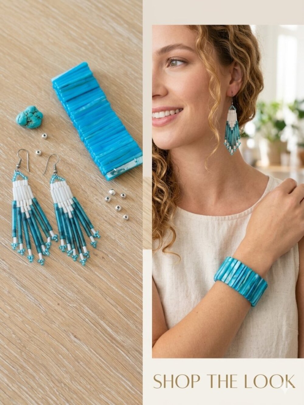 Turquoise Beaded Boho‎ Earring & Shell style Bracelet Set